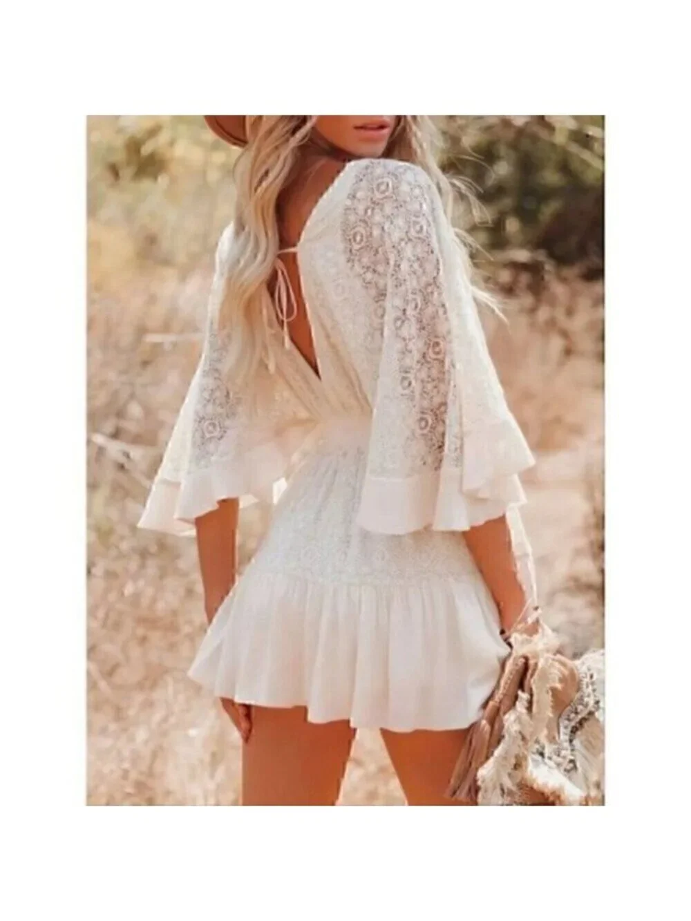 Casual Lace Patchwork Batwing Sleeve V Neck Fashion Summer Loose Dress L - Picture 3 of 7